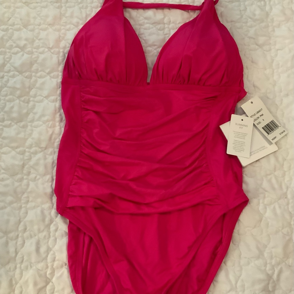 La Blanca Vibrant Pink Halter Swimsuit with ruching